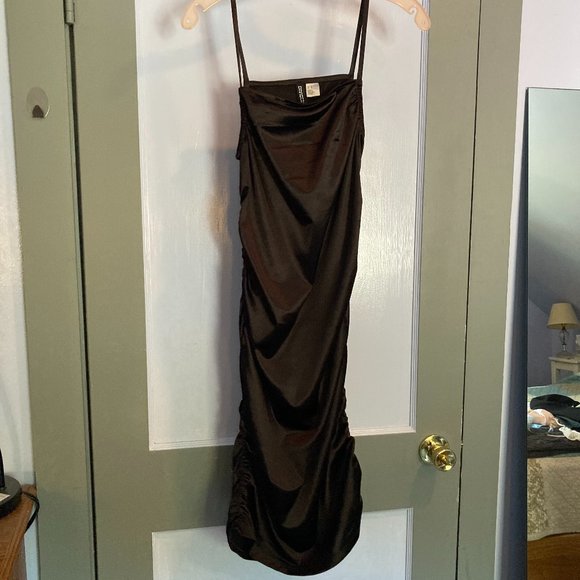 H & M Dark Chocolate Brown Satin Divided Ruched Dress - Picture 1 of 4